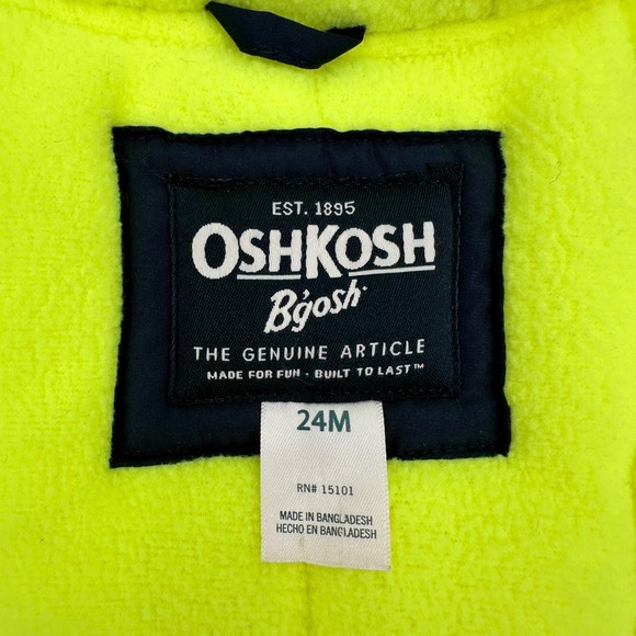 OshKosh B'gosh Navy Blue Neon Yellow Trim Hooded Winter Jacket Kids 24M - Picture 11 of 12
